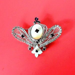 MOP RHINESTONE BROOCH Unusual Pin PURPLE CLEAR Silver Tone MOTHER of PEARL Glass